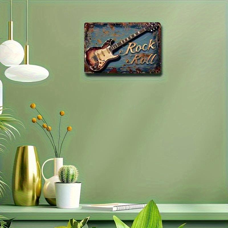 Vintage Rock Guitar Metal Wall Art Sign - Distressed Iron Retro Decor with Golden Lettering & Blue Background, Easy to Hang for