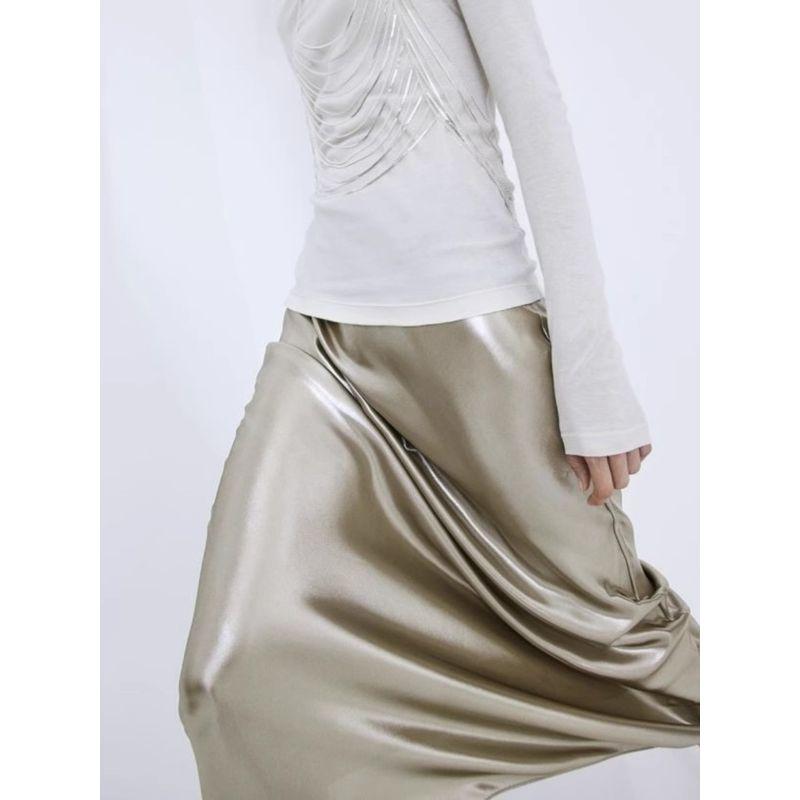 Export Single H Home High Waist Slim Looking Beautiful Sheath A- line Bright Silk Elegant Stylish Shiny Midi Skirt Mermaid Dress