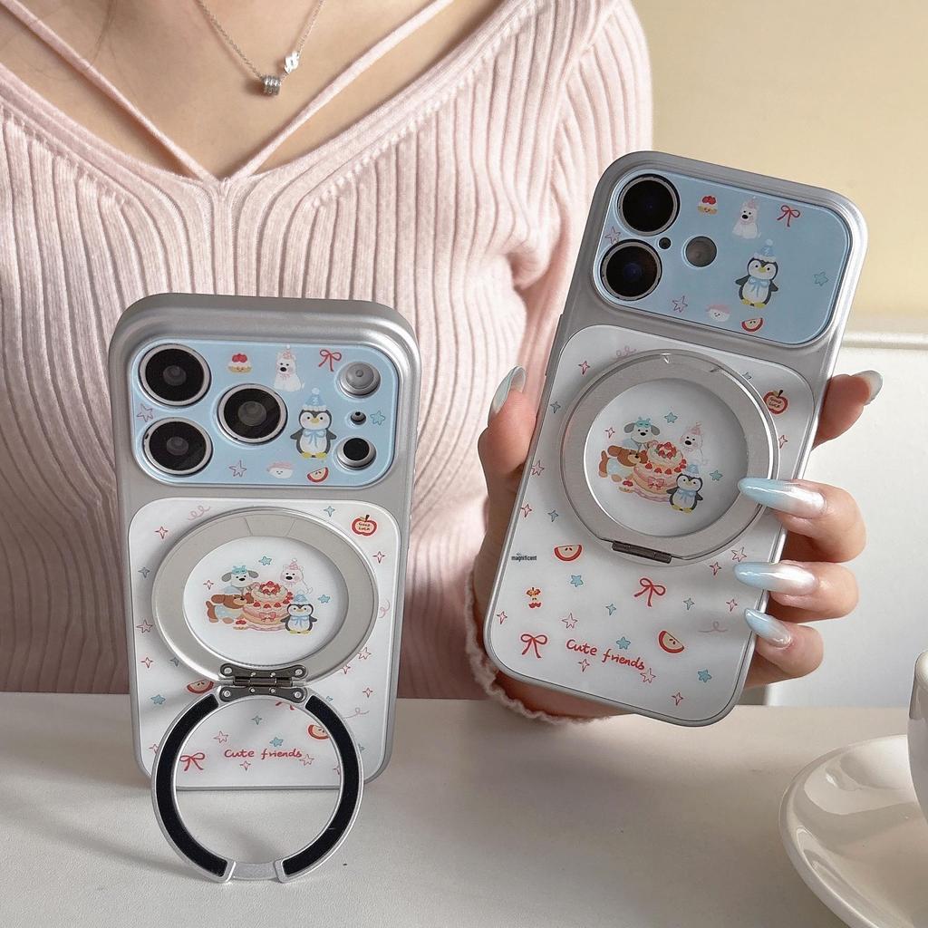 Cute Animal Cake Rotating Stand Phone Case for iPhone 15/16/17 Pro/Pro Max