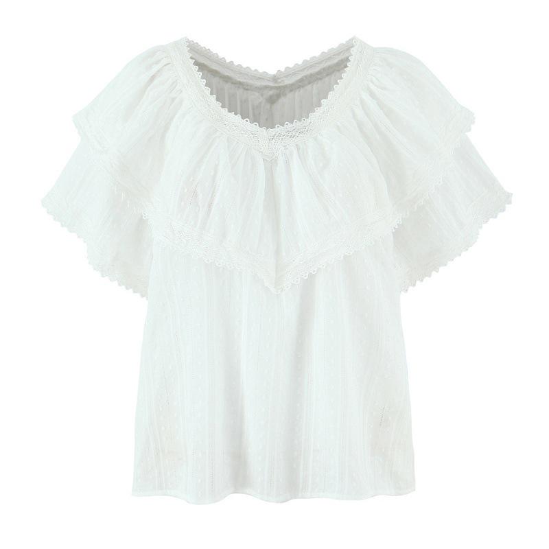 Timeless V-Neck Lace Trim French Ruffle Shirt – Sweet, Small, 2026 Style with Two Color Options, Short Sleeves
