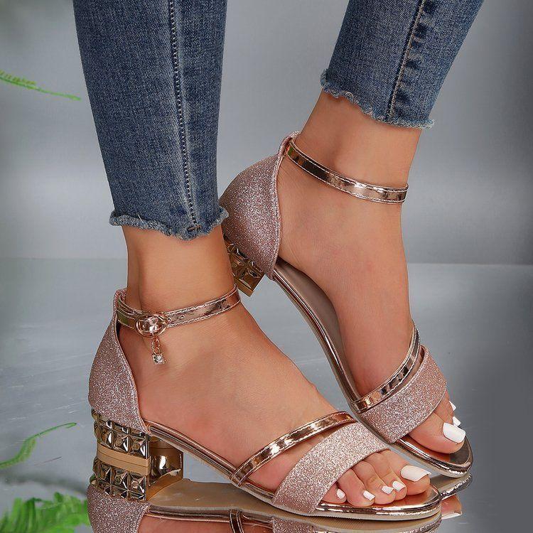 Summer new French fairy rhinestone one-word buckle with thick heel sandals women open-toed thick heel shoes women