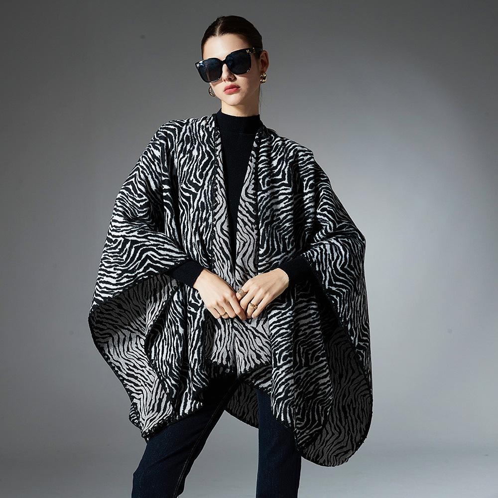 Plus Size Zebra Print Shawl: European/American Autumn/Winter Women's Mid-Length Jacket