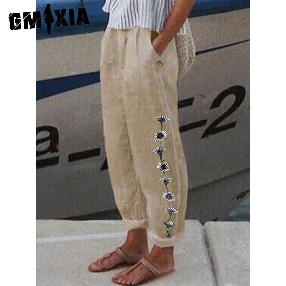 

GMXIA Модные популярные гаремные брюки с цветочным принтом и карманами-цветками, брюки со средней посадкой, уличная одежда XXXXXL хаки