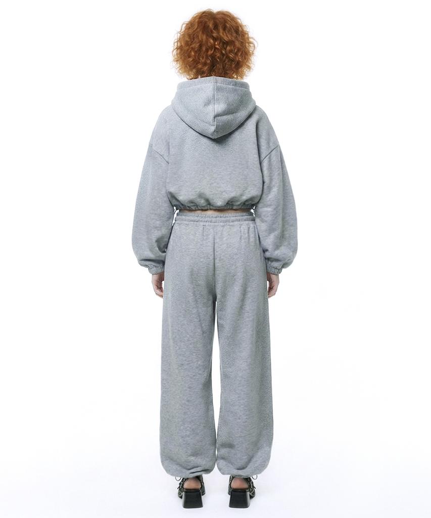 [Set] String Oversized Crop Hoodie + Single-Pleat Wide Pants - Melange