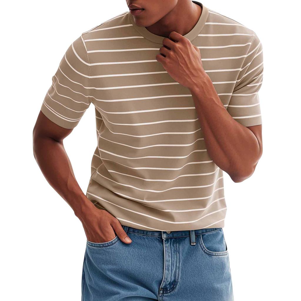 Men's Fashionable Casual Stripe Print Round Neck Short Sleeve T-Shirt Top