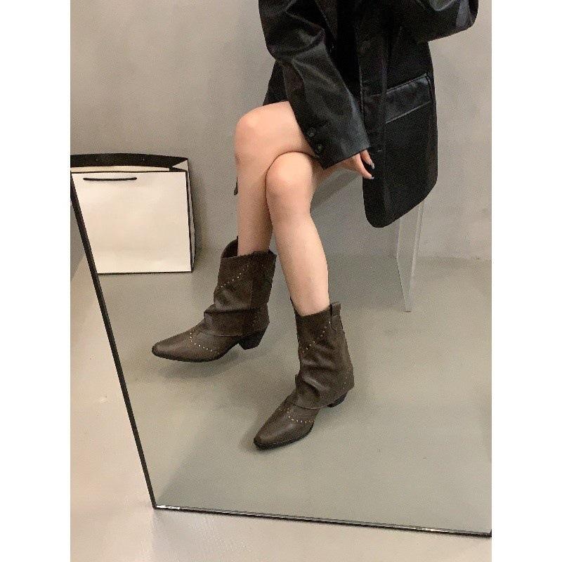 Botas Vintage Marrom V-Mat Botas Martin Moda Botas de Cowboy Ocidental Chelsea Rivetadas Botas para Calça Botas Cigarrete Botas Curtas