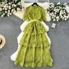 Summer Hollow Out Ruffles Lace With Belt Patchwork Dress High Waist Vestidos Sweet Style Women's Dresses Autumn Spring