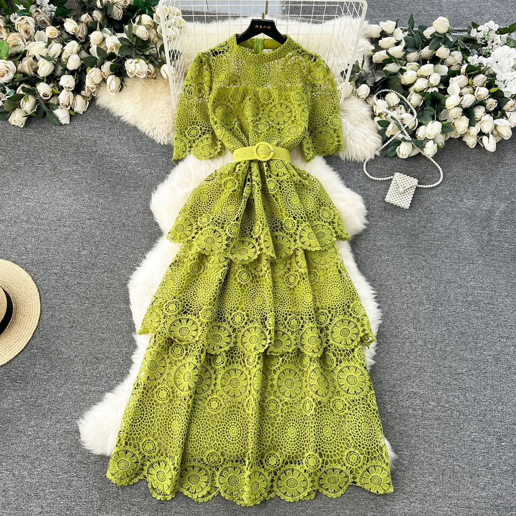 Summer Hollow Out Ruffles Lace With Belt Patchwork Dress High Waist Vestidos Sweet Style Women's Dresses Autumn Spring