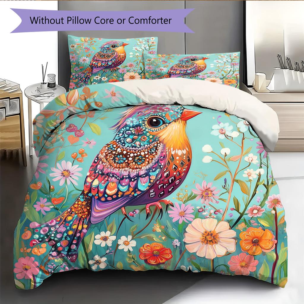 Colorful Flower Bird Pattern Bedding Quilt Set  Home Decoration  Gift (1 * duvet cover + 2 * pillowcase  without core)