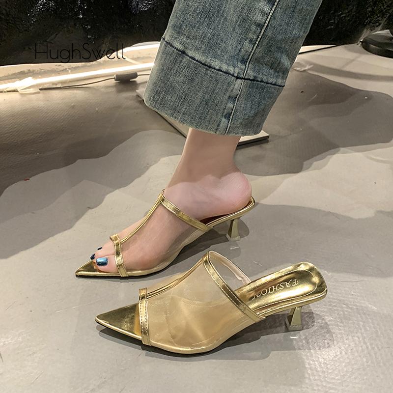 Fashion Transparent Silk Gauze Mule Slides Woman Bling Lace Mesh Pointed Toe High Heel Slipper Sandals Ladies Evening Party Pump Shoes