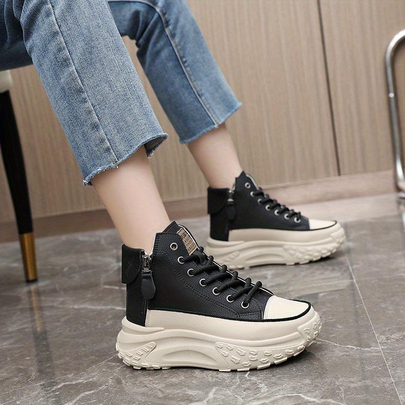 Women's Trendy Platform Sneakers, Lace Up & Side Zipper High Top Skate Shoes, Comfortable Heightening Sports Shoes Plus Size