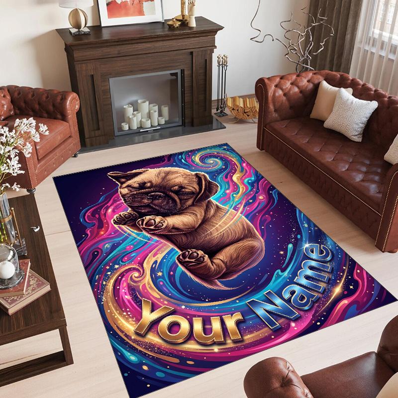 Pug Theme Crystal Velvet Floor Rug Personalized Custom Name Text Warm Carpet Home Decoration