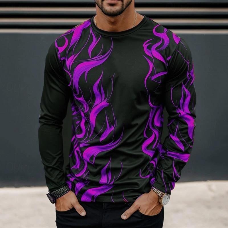 Spring and Autumn Round Neck 3D Flame Pattern Printed Top Fashionable Casual Long Sleeved Men's T-shirts