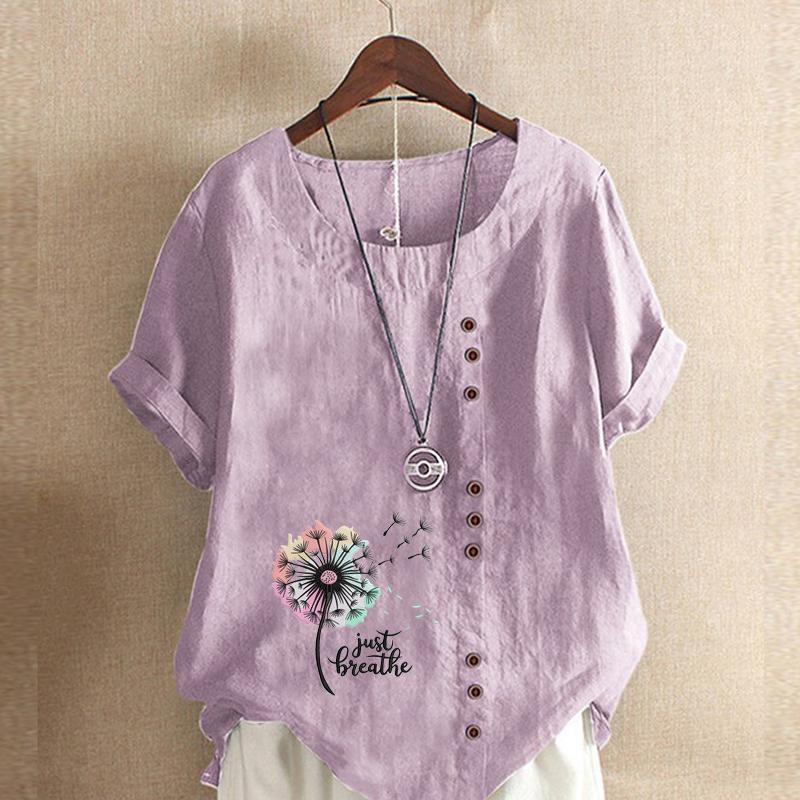 Women's Fashion Colorful Dandelion Prined Short Sleeve T-shirt Loose Cotton Shirt Casual Loose Summer Blouse Tops Plus Size