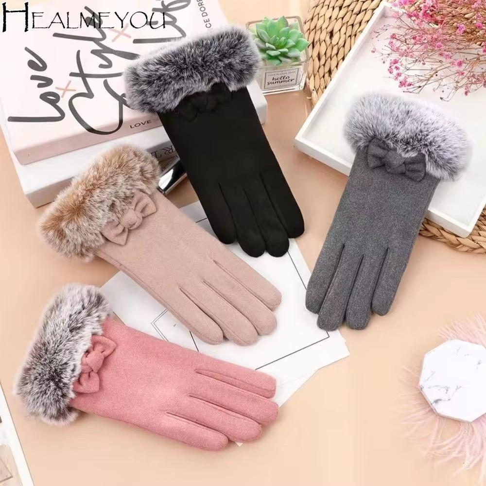 Winter Warm Thick Bow Plush Gloves for Women Non Slip Touch Screen Fashionable Finger Gloves Elegant Simple Cashmere Hairy Glove