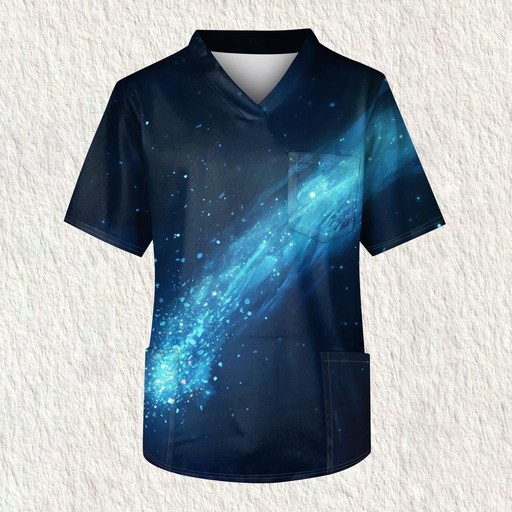 Men's Printing Short Sleeve V-neck Working Blouse Chest Pocket Carer Top