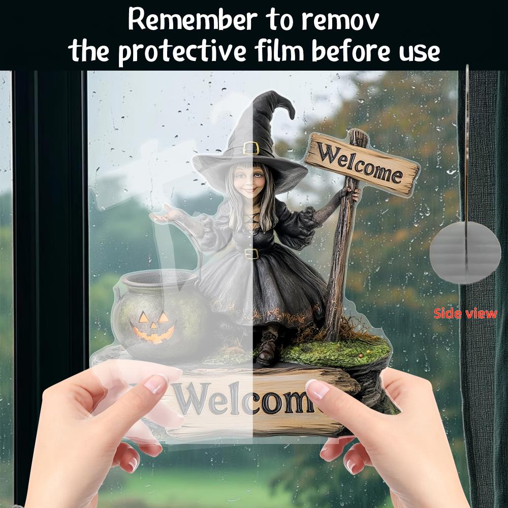 2D Flat Halloween Witch Pumpkin Acrylic Decoration - with Welcome Logo, Vintage Tabletop Ornament with Base, Perfect Halloween Gift