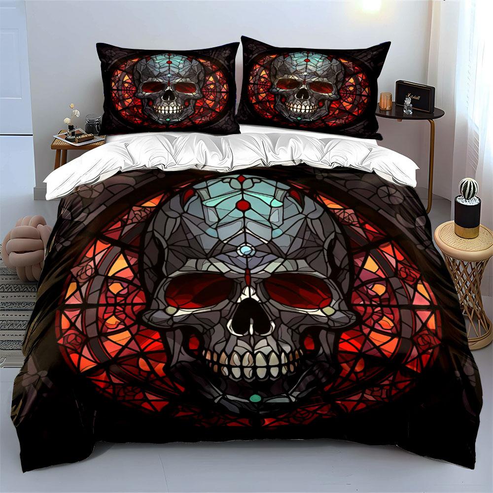 "Skull Design Stained Glass Set" Soft Skin-Friendly Bedding Set Includes 1 Duvet Cover And 2 Pillowcase Gift