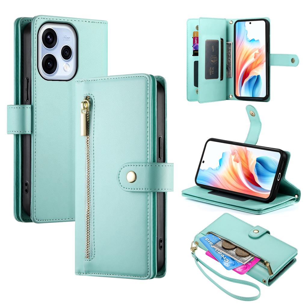 Pro Oppo Reno15 5G (Globální) / Reno15c 5G (Čína) Kožené Pouzdro Peněženka s Kapsou na Zip Kryt na Telefon s Popruhy