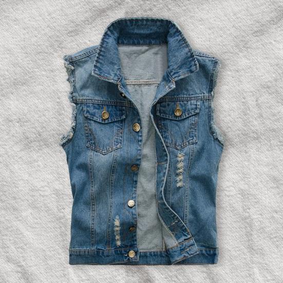 Erkek Yelek Ceket Yırtık Kolsuz Artı Boyutu Tek göğüslü Cepler Düz Renk Yaka Hip Hop Streetwear Yumuşak Hırka Denim Yelek Erkekler Yaz