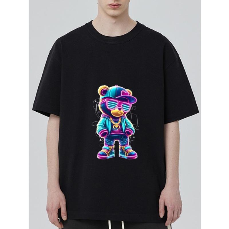 

Black T Shirt with Colorful Bear Cartoon Print for Casual Wear XXXXL чёрный