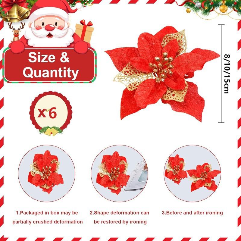 6Pcs 8/10/15cm Christmas Flower Decoration Sparkle Xmas Tree Hanging Ornament for Navidad Artificial Wreath Craft New Year Gifts