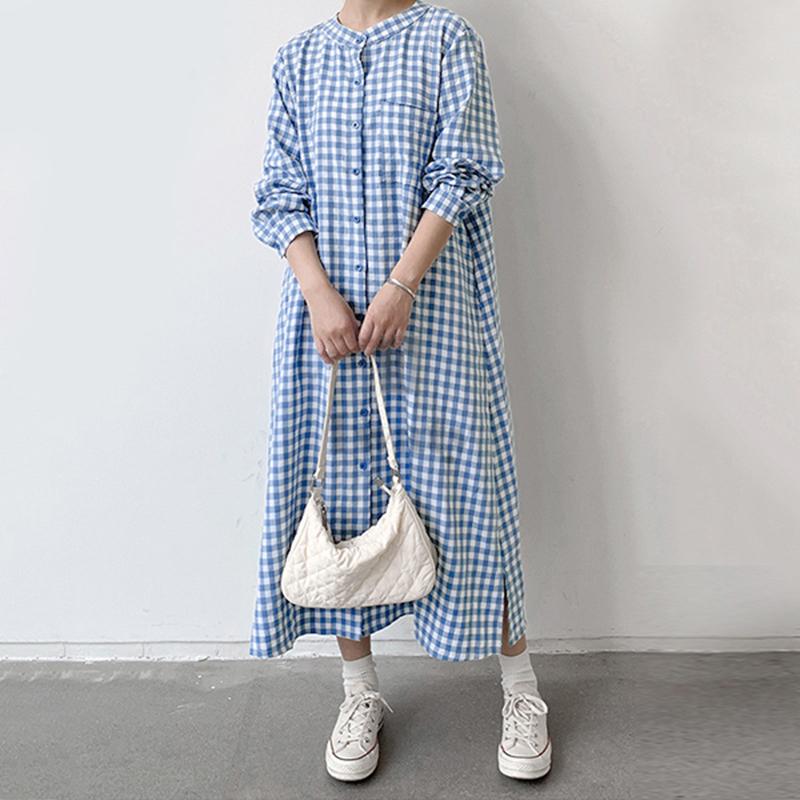 ZANZEA Women Casual Round Neck Long Sleeve Loose Plaid Print Long Dress