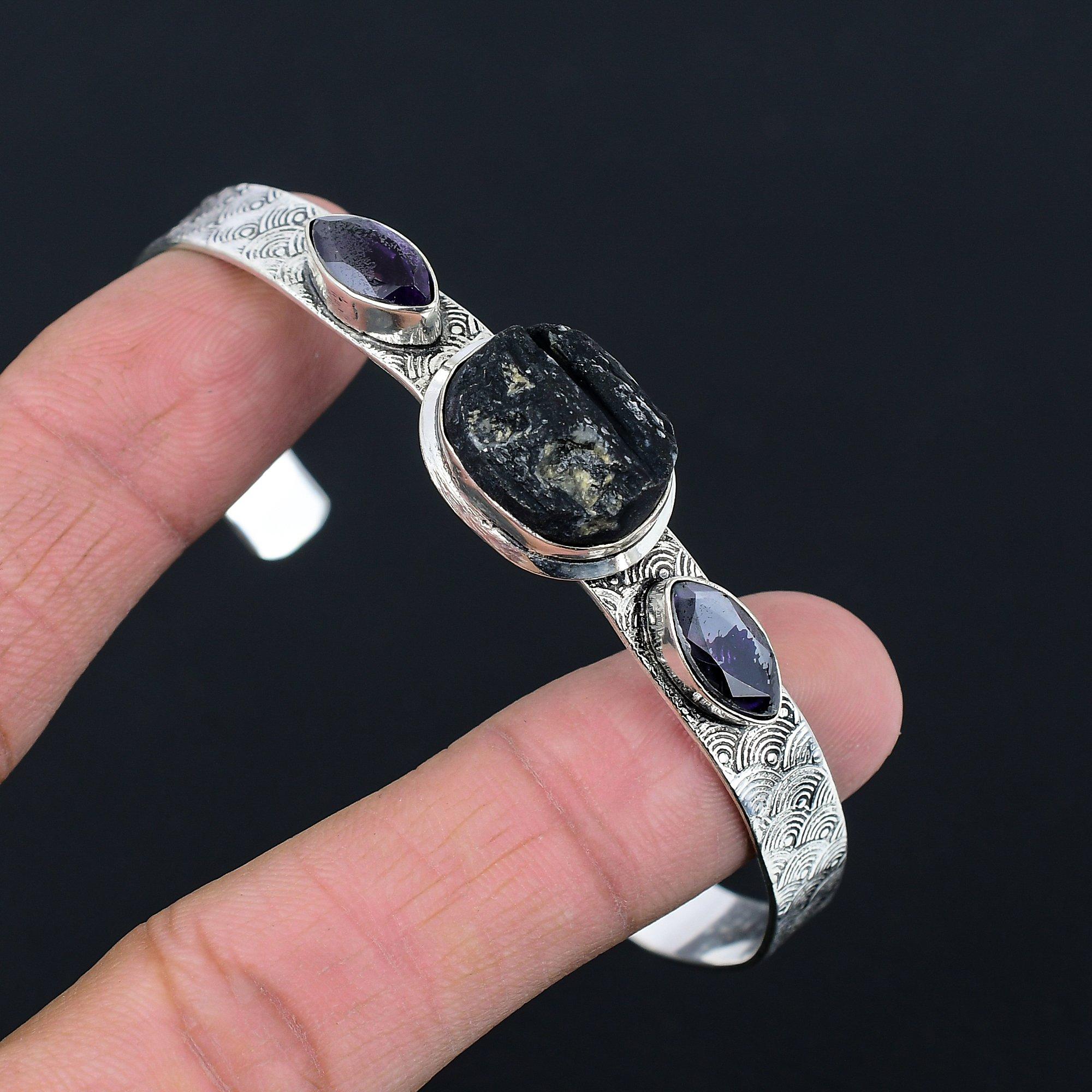 

Подарок для женщин Браслет регулируемый Серебро 925 пробы Натуральный шершавый черный турмалин Adjustable