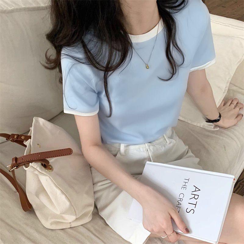 

Color Contrast Patchwork Bottoming Shirt 2025 Summer New Arrival Cotton Short Sleeve T-Shirt Women s Plaid Comfortable Slim Looking Blue Tops Blue spell White S(Within 45.00kg])