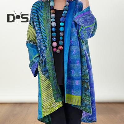 Damen Mantel mit Taschen Bunter Druck Strickjacke Lange Ärmel Retro Ethno Stil Mittellange Lockere Frühlings-Herbstjacke