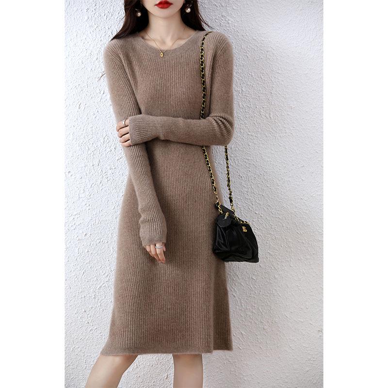 Women's Medium Slim Cashmere Wool Knee-Length Knit Dress - Round Neck, Autumn/Winter Base Layer