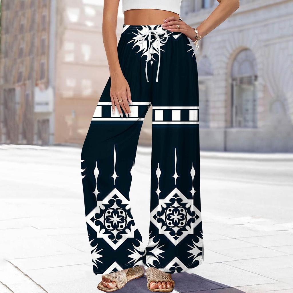 Dámské potištěné kalhoty s širokými nohavicemi s kapsami Vysoký pas Stahovací šňůrka Volné ležérní kalhoty