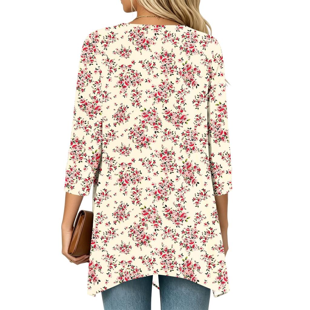 Women's Vintage Floral Print Three-Quarter Sleeve Lightweight Cardigan for Casual Daily Wear