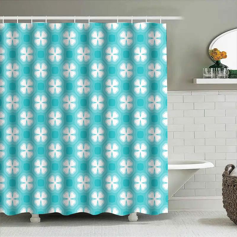 Blue And White Geometric Flower Shower Curtain Decor For Bathroom Modern Floral Design Waterproof Fabric Easy Install Hook Inclu