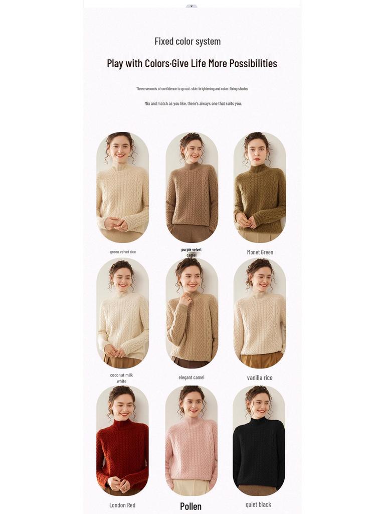 Women's Heavyweight Cashmere Sweater: Autumn-Winter Half-Neck Cable Knit Slim Pullover
