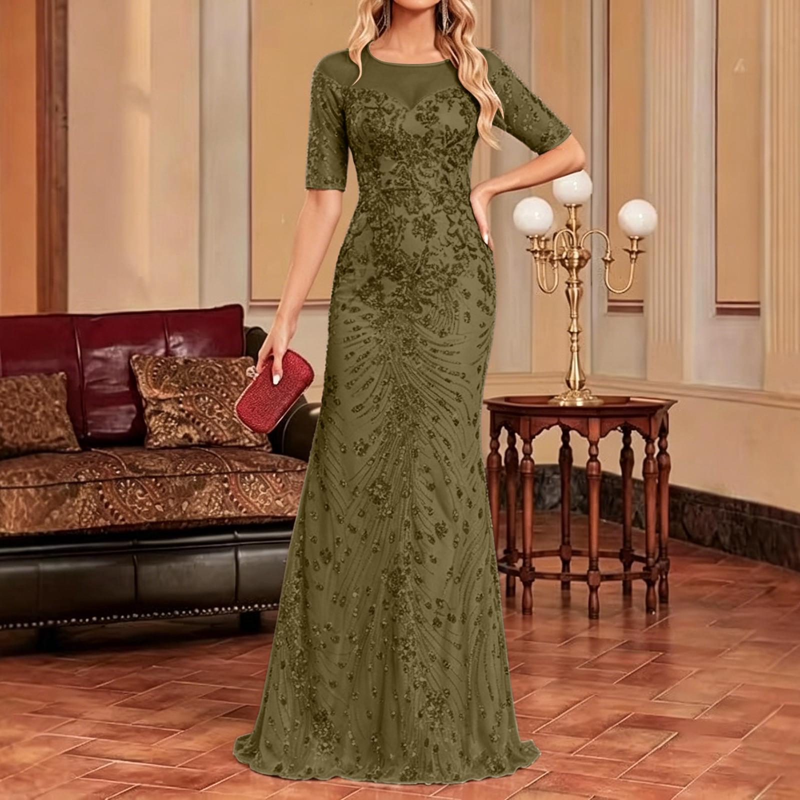 Women s Elegant Summer Sequin Party Dress: Short-Sleeve, Long-Length L
