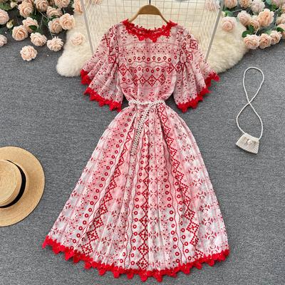 Women Fashion Ins Summer Lace Embroidery Flower Midi Party Dress Elegant Vintage Brand Designer Holiday Dresses