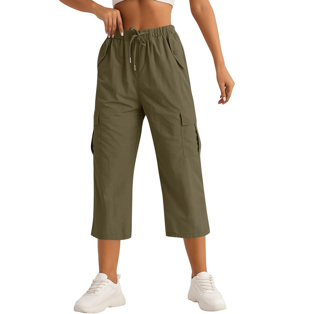 Women's Fashionable Drawstring With Flip Pocket Solid Color Captcha Pants Work Pants