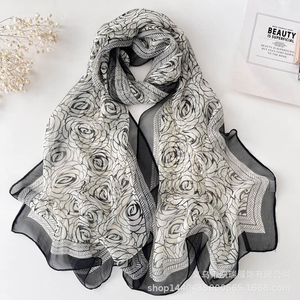 Neuer Sonnenschutz Langer Seidenschal Mohnblume Dünne Imitationsseide Frühling und Sommer Georgette Dekoration Damen Bedruckter Schal