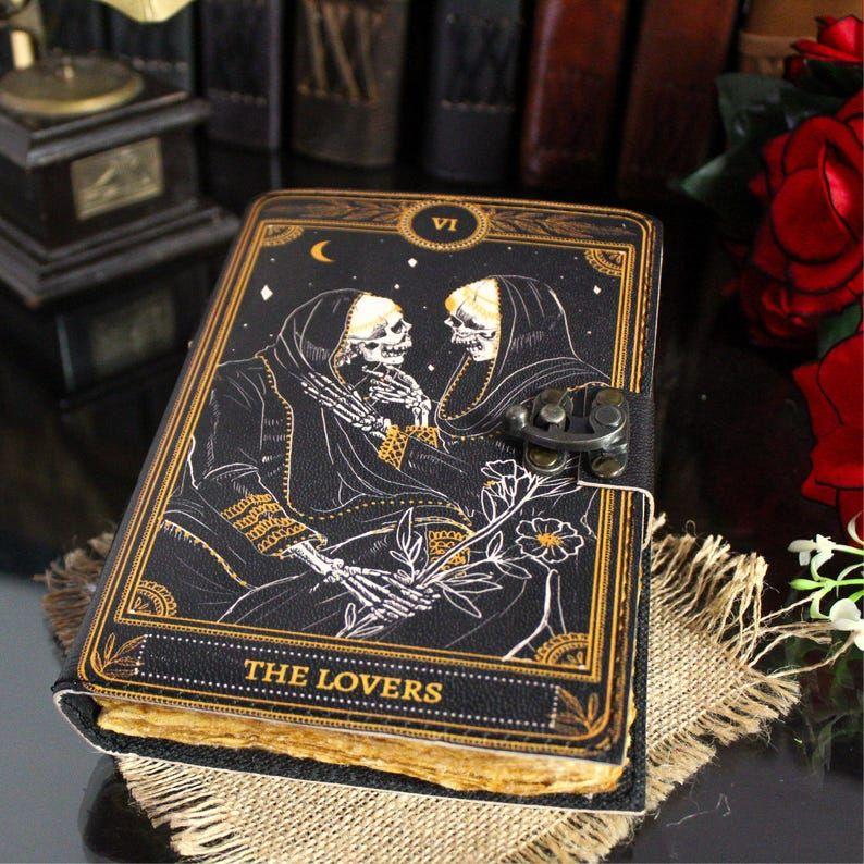 Book of Spells Grimoire Printed Journal The Lovers Tarot Notebook Spiral Gothic Notebook Skull Lover Antique Journals Gifts for Men or Women