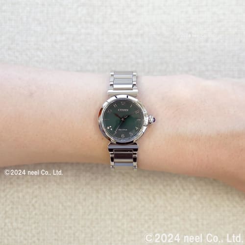 Citizen ROUND collection women's watch, EM1130-83X, waterproof, green, light-powered Eco-Drive, Lily of the Valley pattern, silver finish.