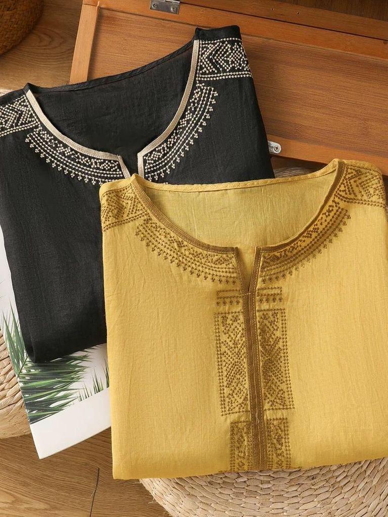 2026 Summer Tencel Linen Mid-Sleeve T-Shirt for Middle-Aged & Elderly Women, Loose Casual Solid Color Top
