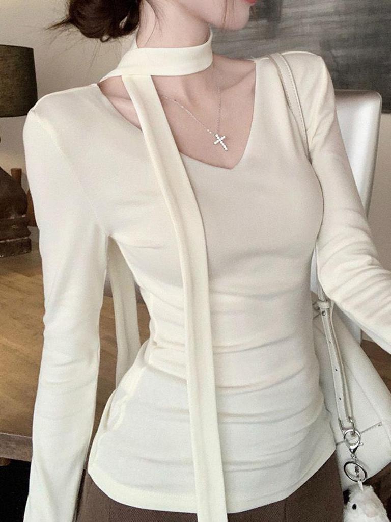 Women's Korean Long-Sleeve Pink V-Neck T-Shirt, Lace-Up, Slim Fit, Trendy Hot Girl Style, Perfect for Spring & Autumn.