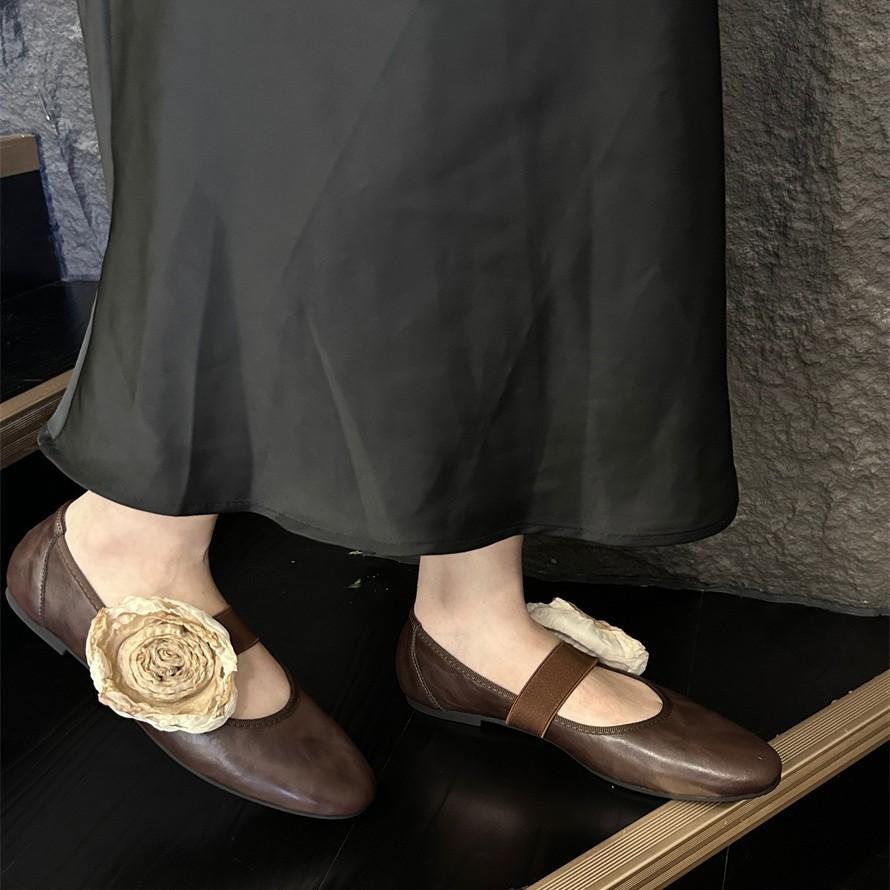 Leather~ Retro one-word belt removable flower shallow mouth single shoes women's soft-soled leather shoes shallow mouth ballet shoes