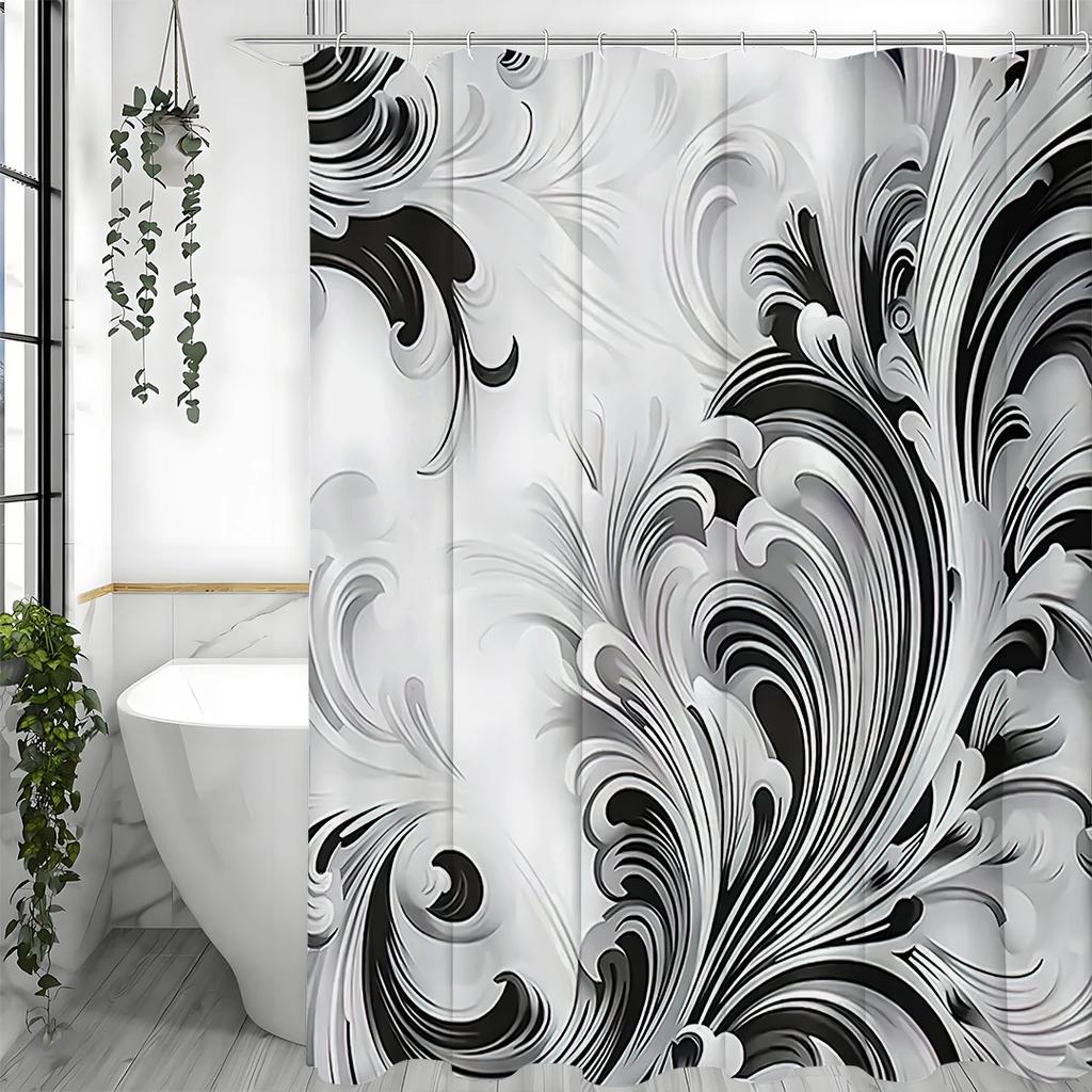 Black and White Patterned Shower Curtain, Bathroom Decorative Shower Curtain, Waterproof Shower Curtain with Hooks