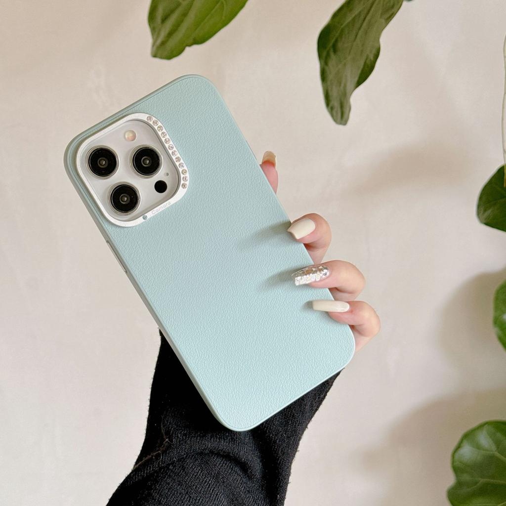 Suitable for IPhone16promax, Plain Leather Phone Case, Apple 15, Metal Diamond Lens Ring