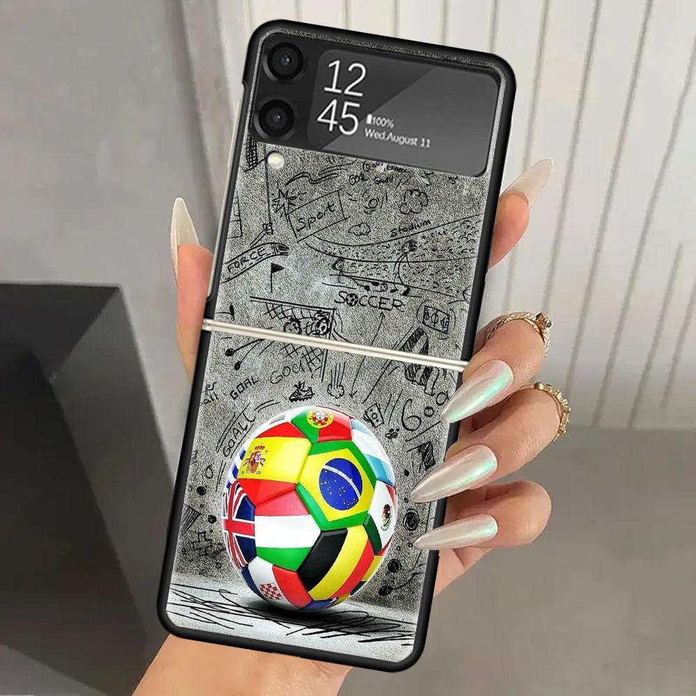 Football Soccer Ball Design Hard PC Phone Case For Samsung Galaxy Z Flip 6 5 4 3 Black Cover ZFlip6 Flip5 Flip4 5G Foldable Prin
