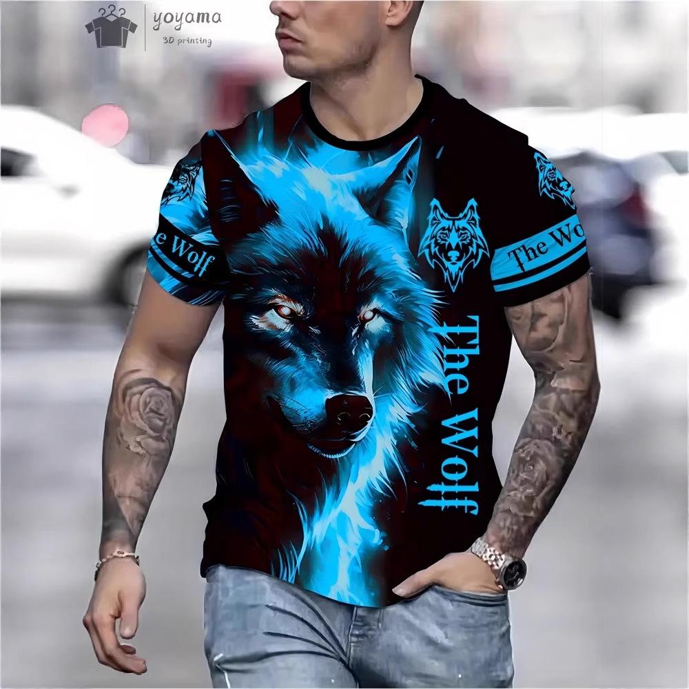 Men's Summer 3D Digital Printed White Wolf Round Neck Short Sleeved T-shirt