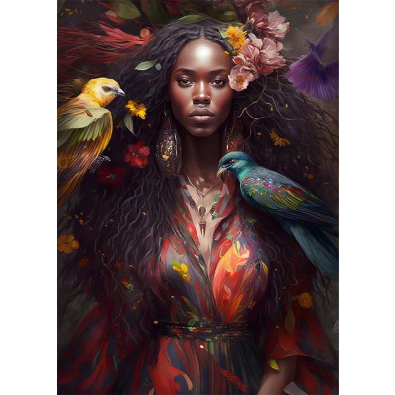 Afro Girl with Flowers Wall Art Pictrues African Beauties Flowers Fashion Canvas Painting Prints Posters for Living Room Decor