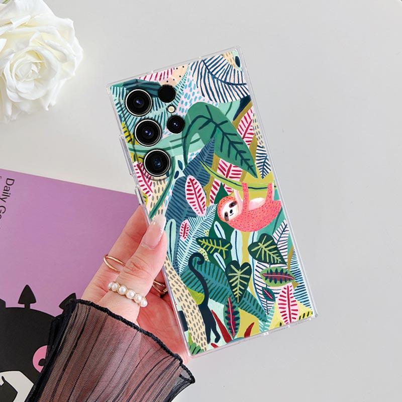 Tropical Jungle Print Leopard Sloth Rainforest Cat Phone Case For Samsung Galaxy S24 S23 Ultra S22 S20 Plus S21 FE Clear Fundas
